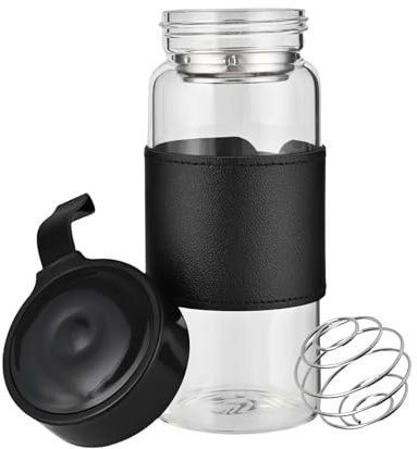 TELAIN Small Glass Jug, 16 oz BPA-free, odourless shaker bottle with 304 stainless steel mixing ball and removable cleaning brush for fitness & protein shakes (Black-1 pack)