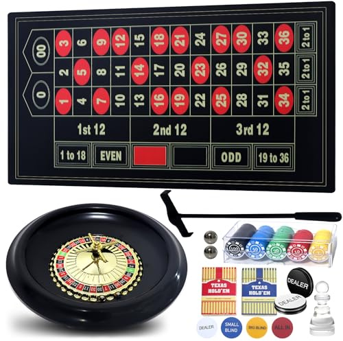 16” Roulette Wheel Set for Adults, Roulette Table and Wheel, Casino Games with 16” Roulette Wheel, 47” x 24” Felt Casino Mat, 100pcs Poker Chips, 2 Roulette Balls, 2 Decks of Poker Cards Dealer Button
