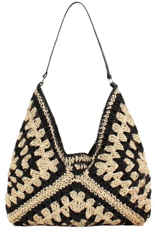 HSTWODE Stroh Strandtasche klein Damen - Korbtasche Geflochten mit leder,Boho Basttasche Netz Shopper für Reisen&Urlau
