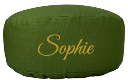 maylow Yoga mit Herz Yogakissen H15 cm Stickerei Shanti Sonne oder Labyrinth waschbarer Bezug gefüllt Buchweizenspelzen bequem, hochwertig, personalisierbar nach Wunsch (olive-Labyrinth, H:15cm)