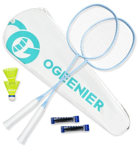 OGEENIER 3U Badminton Set Badmintonschläger Profi mit Tasche | Federball Set: 2 Badmintonschläger, 2 Federbälle, 2 Griffbänder + Tasche. Ideal für Freizeit & Turnier