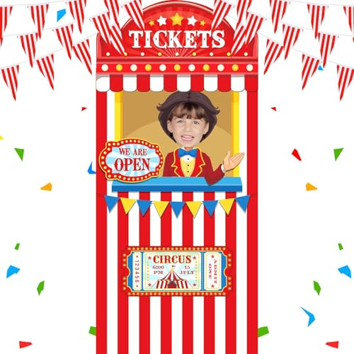Carnival Circus Theme Photo Prop Set 6.4 x 3ft Ticket Booth Photo Door Banner Backdrop Prop and 32.8ft Red and White Striped Pennant Banner for Halloween Carnival Game Supplies Circus Party Decoration
