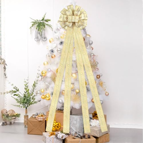 Dayker Weihnachtsbaumspitze Schleife, 51 x 13 Zoll extra große Flachs-Kranzschleifen, beige Schleifenband-Ornamente mit glitzerndem Goldrand, handgefertigte Weihnachtsdekoration für Zuhause, Outdoor