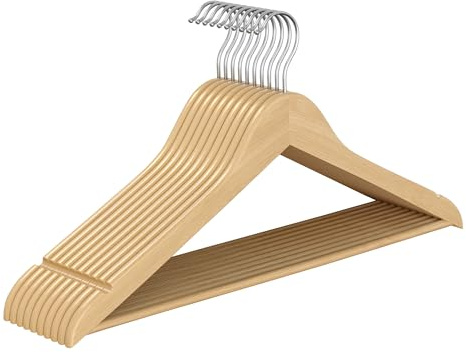 SONGMICS Kleiderbügel Holz, 10er Set, Hosenbügel, schlank, Birkenholz | Bügel platzsparend, 360° drehbarer Haken, für Träger und Jacken, naturfarben, CASON Kollektion, CRW035KZ01