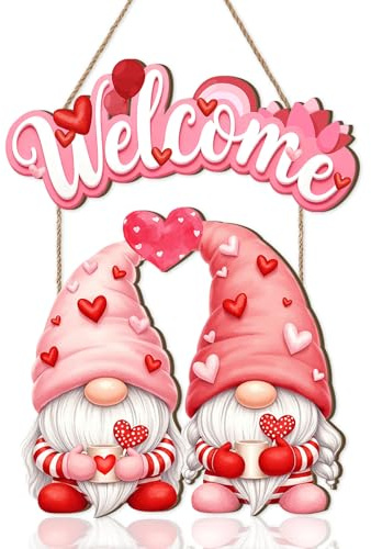 HPNIUB Valentines Welcome Sign Pink Gnomes Hearts Love Door Decor