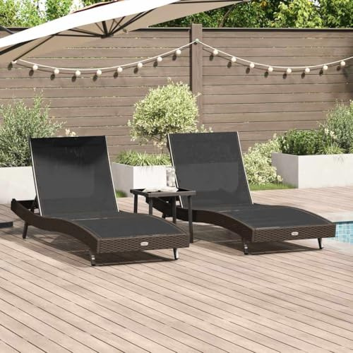 QUAHEAS Lot de 3 chaises longues de jardin en polyrotin marron avec table, dossier réglable, 5 positions, 40 x 40 x 40,5 cm, pour terrasse, piscine, extérieur
