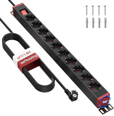Sewingvr 10-Fach Steckdosenleiste mit Überspannungsschutz, 360° drehbare Mehrfachsteckdose zur Wandmontage, 1,8 m Kabel, 16A/4000W, für Büro & Zuhause, Schwarz