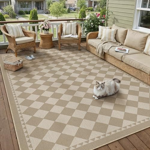 PureCozy Outdoor Teppich Wohnzimmer 160x230cm Outdoorteppich Wetterfest Balkon Beige Kaffee Kariert Teppiche Jute Optik Waschbarer rutschfest Carpet Esszimmer Terrassen Garten BüRo Indoor Groß Rug