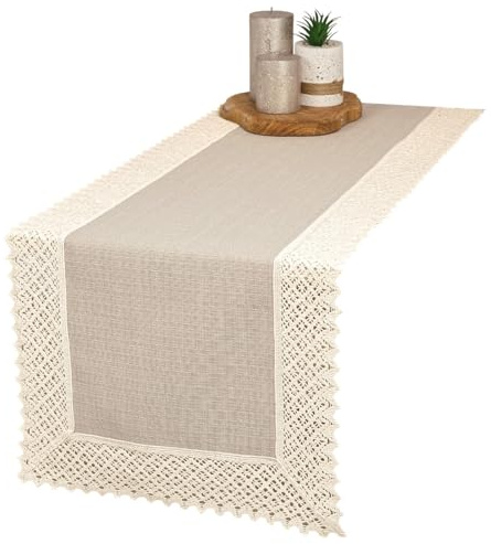 invitta Tischläufer mit Spitze 40x160 cm Beige-Ecru Meliert in Leinenoptik mit 7cm Baumwollspitze - Baumwolle Polyester 230g/m² Schwere Qualität, Fleckschutz mit Lotuseffekt, Elegante Tischwäsche