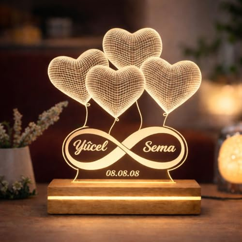 Dein Geschenkshop Personalisierte LED Lampe mit 3D Illusion, Herz Ballons Design mit Infinity Symbol, Holzsockel, Nachtlicht Funktion, Romantisch Modern