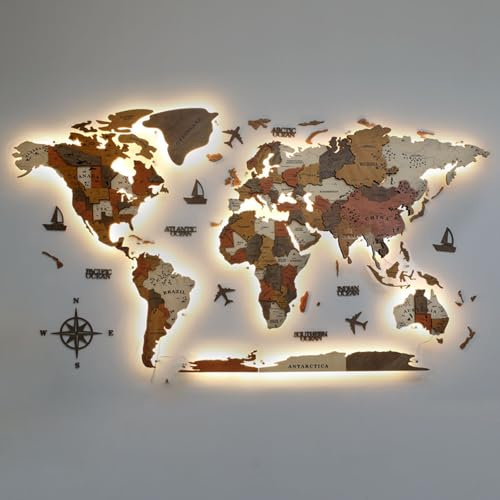 3D LED Holz Weltkarte Wandkunst Extra Groß Beleuchtet Acryl Wandbild Moderne Reise Dekor Beleuchtete Wanddekoration für Zuhause und Büro