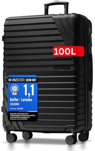 Hartschalenkoffer XL Groß - 100L Volumen erweiterbar auf 117L - 158cm Gurtmaß - 8 Rollen 360° drehbar - Leichter Koffer mit TSA Schloss & Teleskopgestänge - Reisekoffer mit Rollen (Schwarz, XL)