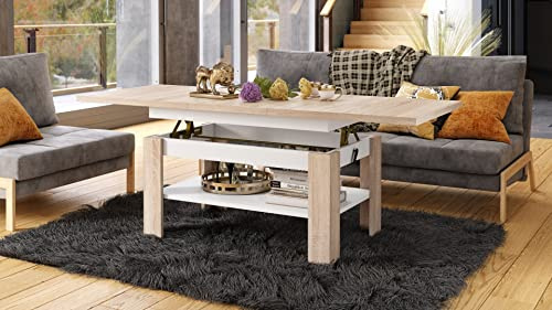 designimpex Rio Couchtisch ausziehbar höhenverstellbar 130/170 cm in Sonoma Eiche/Weiß Matt modern Ablage Wohnzimmertisch Esstisch Beistelltisch Sofatisch Couch Tisch Living Room Table Wohnzimmer