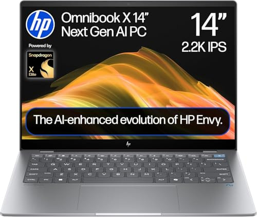 HP OmniBook X 14 AI Laptop – Qualcomm Snapdragon X Elite (12-Core), 45 TOPS NPU, 16GB RAM, 1TB SSD, 2.2K IPS Touchscreen, Up to 26-Hour Battery, Windows 11 Meteor Silver 14-fe0000na