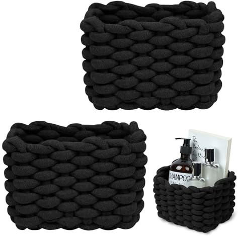 Aolso 2Pcs Woven Storage Baskets,Cotton Rope Basket,White Storage Baskets,Multipurpose Organiser Box for Cupboard Drawer Closet Shelf Dresser Nursery Decor Bathroom-Black
