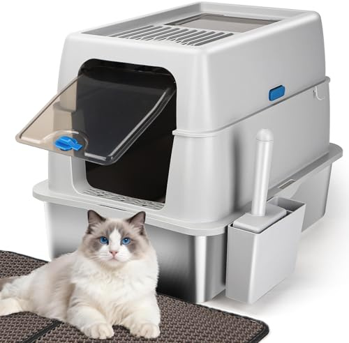 Nobleza Arenero Cerrado de Acero Inoxidable XXL con Tapa – Resistente a Óxidos, Neutraliza Olores, Fácil Limpieza – para Gatos Grandes – Incluye Alfombrilla de Doble Capa y Pala