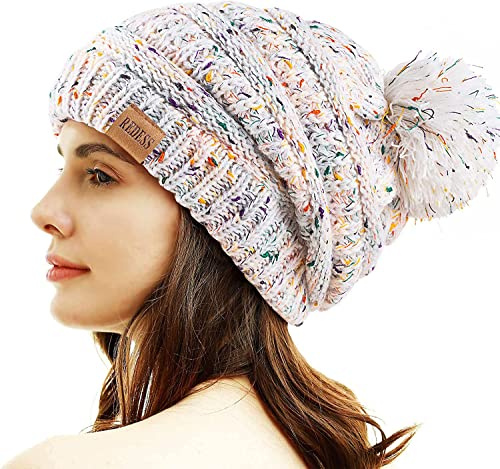 REDESS Damen Winter Pom Pom Beanie Mütze mit warmem Fleece gefüttert, Dicker Slouchy Snow Knit Chunky Baggy Skull Ski Cap