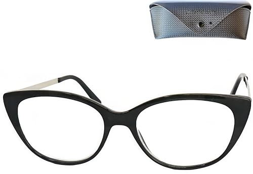 Cateye Lesebrille mit großen Gläsern, Gratis Etui, Kunststoff Brillengestell (Schwarz) und Metall Bügeln, Lesehilfe Damen +2.0 Dioptrien