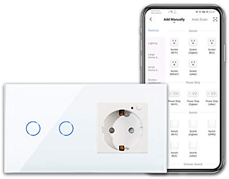CNBINGO WLAN Steckdose und Smart Lichtschalter - Touchschalter Zweifach und Schuko Steckdose Unterputz Arbeit mit Alexa, Google Assistant - Glasrahmen und Status-LED - Neutralleiter Wird Benötigt
