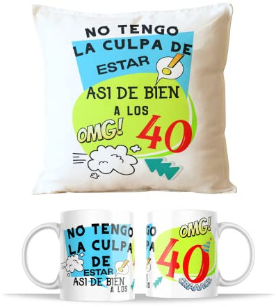 ETKR - Regalo Cumpleaños Mujer - 40 Cumpleaños - Regalo Hombre Original - 40 Años - Regalos Originales Hombre - Regalos Cumpleaños Mujer - Tazas Originales para Regalar + Cojín con relleno