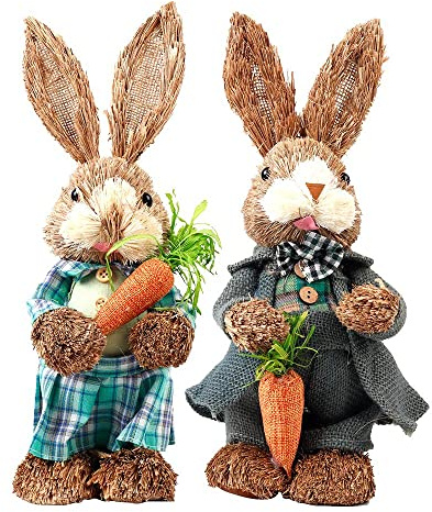 Cranight Osterhasen, Hasen-Ornamente, Strohhasen-Statue, Osterdekoration, handgefertigtes Weidenkaninchen, Ostergeschenke, Osterhasen-Dekorationen (Paar), 2 Stück