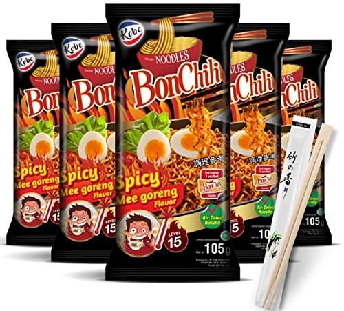 5er Set Kobe Bon Chili Instant Nudeln Hot und Spicy I Schärfegrad 15 I Ramen Fertiggericht Scharf I Mi Goreng Hot I Gebratene Nudeln I 5x105g I Halal I plus 5 Paar Essstäbchen aus Bambus