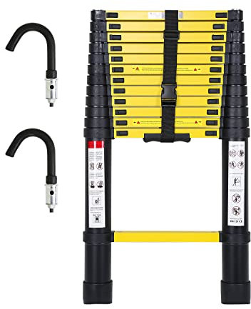 Cecaylie 3,8M Teleskopleiter mit 2 Abnehmbarem Haken, Aluminium Teleskopleiter, Ausziehbar Mehrzweckleiter Rutschfester Tragbare Ausziehleiter, Aluleiter, bis 150KG Belastbarkeit, Schwarz