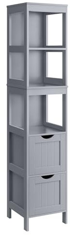 VASAGLE Badezimmerschrank, Schrank freistehend, Badezimmermöbel, mit 2 Schubladen, offenen Fächern, für Badezimmer, Wohnzimmer, Küche, modern, Taubengrau BBC66G02