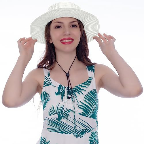 HEYANN Sonnenhut Damen Damenhut Strohhut Damen Sommer, 56-57cm Panama Hut Herren Damen Stroh Boater Hut Faltbarer Sonnenhut Strandhut mit weichem Rand Damenhut für Urlaub(Weißes Khaki,M/L)