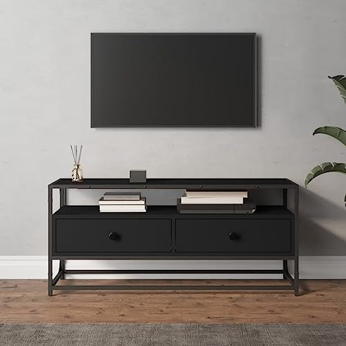 Higsose Meuble TV 100 x 35 x 45 cm - Noir - En bois - En acier - Meuble TV moderne - Robuste - Meuble TV moderne - Étagère - Meuble Hi-Fi - Table TV moderne