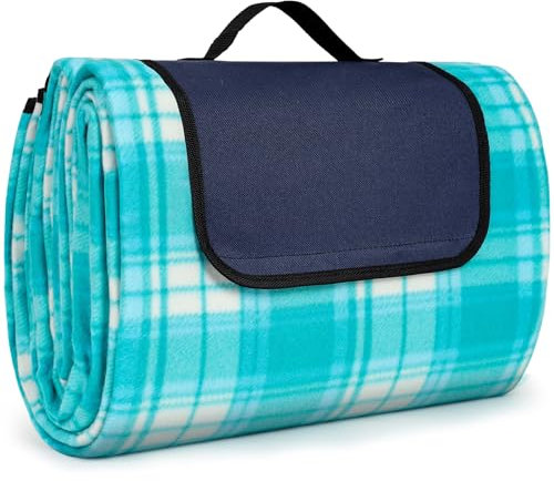 SOMLAW Picknickdecke Wasserdicht 200 x 200 cm, Extra Groß Outdoor Stranddecke mit Wasserdichter Unterseite für 4-6 Personen, XXL Campingdecke mit Tragegriff (Himmelblau Kariert)