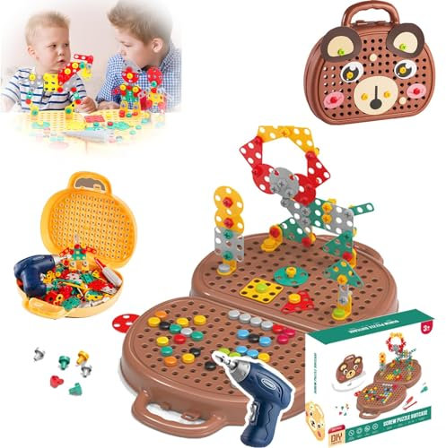 Zinueen Boîte à Outils Enfant Magique Montessori avec Perceuse Enfant Jouet, Malette Outils Créative, Jeux Montessori pour Filles et Garçons 3 4 5 6 Ans (Marron)