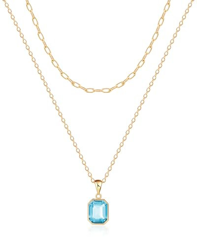 Mesovor Gold Kristall Halsketten für Damen im Trend, 18K Vergoldete Büroklammer Kette | Geburtsstein-Halskette, Schmuckgeschenke (Blau)