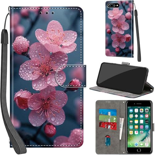 PHINIENLAND Premium PU Leather Flip Wallet Case with Card Slots Kickstand Magnetic Book Cover for iPhone 7 Plus/8 Plus - Flowers
