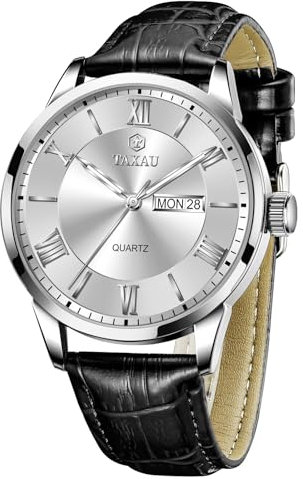 Taxau Armbanduhr für Herren Lederarmband Uhren Herren Lederband Datum Herrenuhr Schwarz Leder Großes Ziffernblatt Wasserdicht Quarz Herrenarmbanduhr mit Licht Leicht zu Lesen