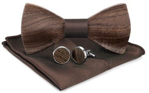 MUCOOS Holzfliege Herren Walnussholz Fliege mit Einstecktuch Sets, Holzfliege Anzug und Einstecktuch, Fliege Herren Holz, Holz Manschettenknöpfe, Braun, Geeignet für Hochzeiten, Abendessen, Geschäfts