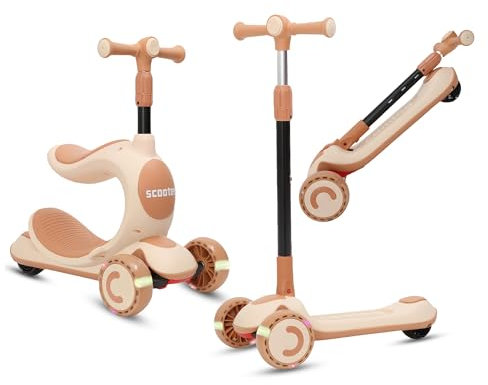 Habib Gruppe Kinderroller Tretroller - 3-in-1 Scooter mit Sitz, LED Rädern, Höhenverstellbar & Faltbar (2-10 Jahre) - Sicher & Robust - Khaki