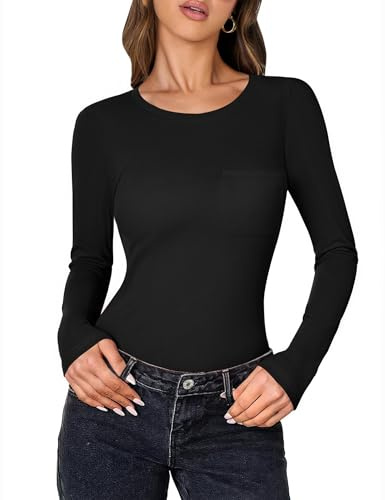 Aottori Long Sleeve Tops Women Crew Neck T Shirt Chest Pocket Stretch UK | Soft viscose stretch, practical chest pocket, plain design, easy work and weekend layer