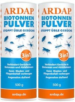 ARDAP Biotonnenpulver 2 x 500g - Anti Maden Biotonne - Mülltonnen Pulver - Gegen Fliegen, Maden, Ungeziefer & üble Gerüche - Für ca. 600l Bio Abfall - Stoppt üble Gerüche, biologisch abbaubar