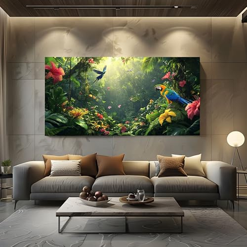 ZORYAN Leinwandbild Dschungel Papagei Wand Druck Großes Gemälde Tropisch | Ara Modern Wall Art Poster Blumen Hibiskus Deko Wohnzimmer Schlafzimmer Wandbilder Kunstdruck 80x160 cm