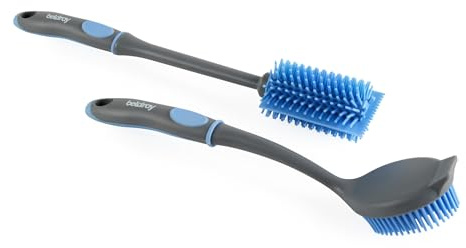 Beldray Anti Bac Dish And Bottle Brushes, 2 Pack With Rubber Heads | Built-In Scraper, Ergonomic Easy-Grip Handle With Thumb Pad, Antibacterial Treated, Hanging Hooks, Scratch-Free