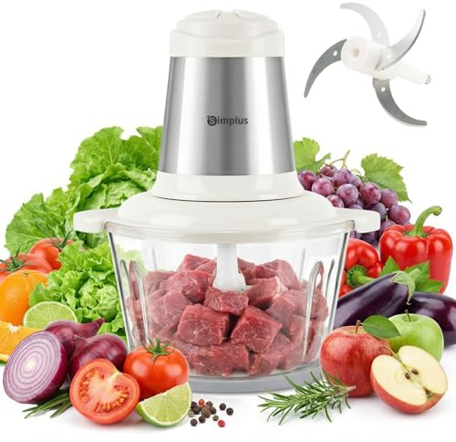SIMPLUS Hachoir Électrique 300W, Robot de Cuisine avec Bol en Verre 2L, Hachoir à Viande avec 4 Lames Doubles, 2 Vitesses, Les Aliments Pour Bébés, Les Fruits, Les Légumes, Blanc