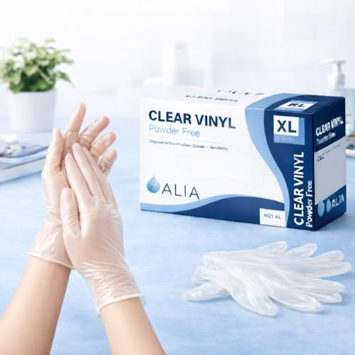 ALIA 100 x Disposable Clear Vinyl Powder-Free Gloves | Extra Large | | Flexible Comfort | Powder-Free | Clear Vinyl | Easy On & Off | Size Extra Large | Cleaning, Home & Care Tasks | 1 Pack of 100