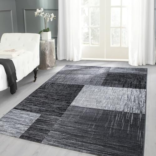 Carpettex Wohnzimmer Teppich Kurzflor 80 x 150 cm - Läufer Flur Schwarz Modern Abstrakt Kariert Design - Schlafzimmer Flauschig Weich Waschbar Küchenläufer