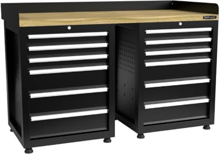 Kraftmeister werkbank 150 cm - mit 12 Schubladen und Eiche-Arbeitsplatte - Schwarz
