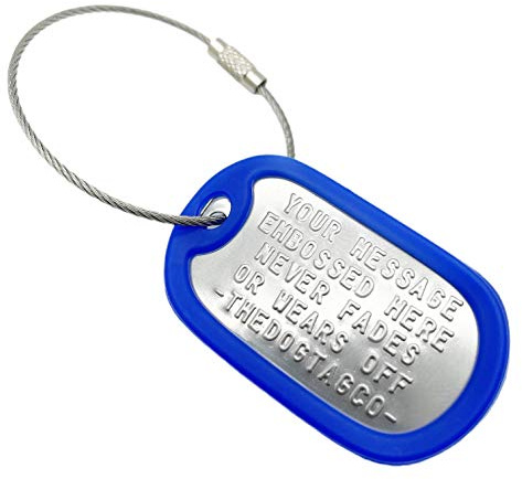 TheDogTagCo Hundemarke aus Edelstahl, mit Kabel und Schalldämpfer, personalisierbar, 1 Stück blau