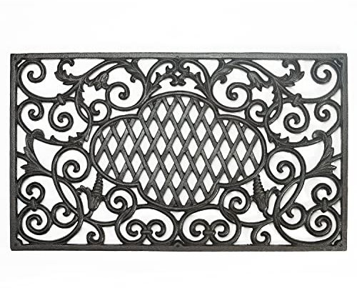 Sungmor Robuste Fußmatte aus Gusseisen – 61 cm Große, rechteckige Vorder Türmatte rutschfeste Außen-Matte Schuhkratzer – Vintage Wolken & Ranken-Design