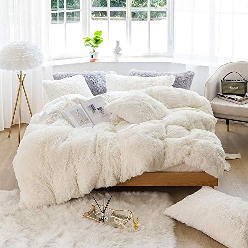 Sacebeleu Plüsch Bettwäsche Set 155x220cm Weiß Creme Warme Winter Flauschig Flanell Biber Mädchen Bettbezug Deckenbezug mit Reißverschluss und 1 Kissenbezug 80x80cm