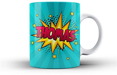 iCaseDesigner Personalised Comic Caption Ceramic Mug with Name or Message - 8. Turquoise with Cerise Text