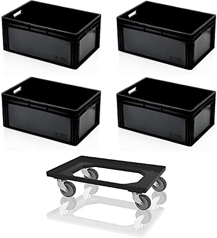 SET 4x Eurobehälter 60x40x27 schwarz + Transportroller schwarz